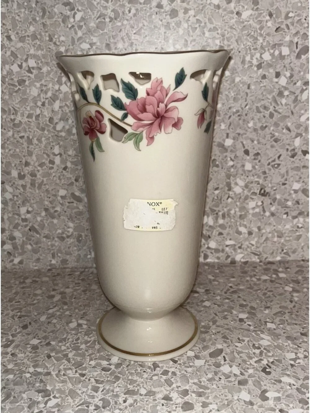 Lenox Barrington Collection Vase Ivory Pink Floral Pierced Lattice Gold Trim